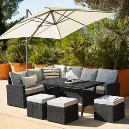 Aston 9 Seater Rattan Garden Corner Sofa Set with with Cream LED Premium Cantilever Parasol - Polywood Top - Black - thumbnail 1