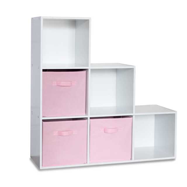 Cara 6 Cube Bookcase Ladder Storage Unit - Chalk White with Pink Boxes - image 1