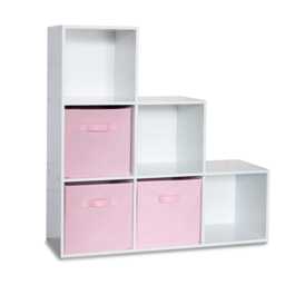 Cara 6 Cube Bookcase Ladder Storage Unit - Chalk White with Pink Boxes - thumbnail 1