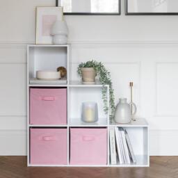 Cara 6 Cube Bookcase Ladder Storage Unit - Chalk White with Pink Boxes - thumbnail 3