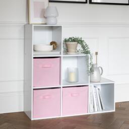 Cara 6 Cube Bookcase Ladder Storage Unit - Chalk White with Pink Boxes - thumbnail 2