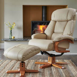 Casa Bruges Manual Recliner Faux Leather Swivel Chair & Footstool, Ivory