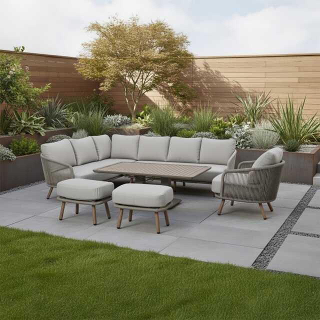 Casa Bali Aluminium Garden Corner Sofa Set with Rising Table, 9 Seater, Soft Beige