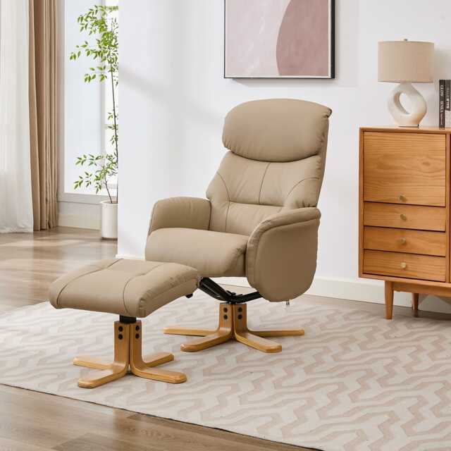 Casa Eddie Leather Recliner Swivel Chair & Stool, Pebble