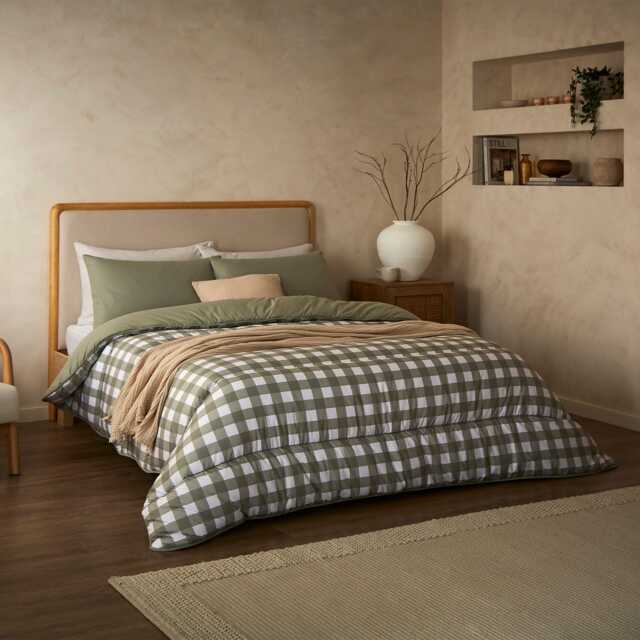 Night Lark by Fine Bedding Company Gingham Coverless Duvet Set, 10.5 Tog, King, Olive - image 1