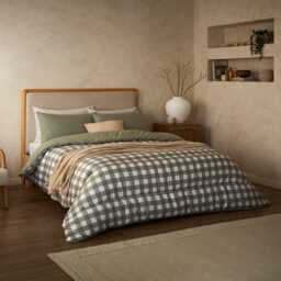 Night Lark by Fine Bedding Company Gingham Coverless Duvet Set, 10.5 Tog, King, Olive