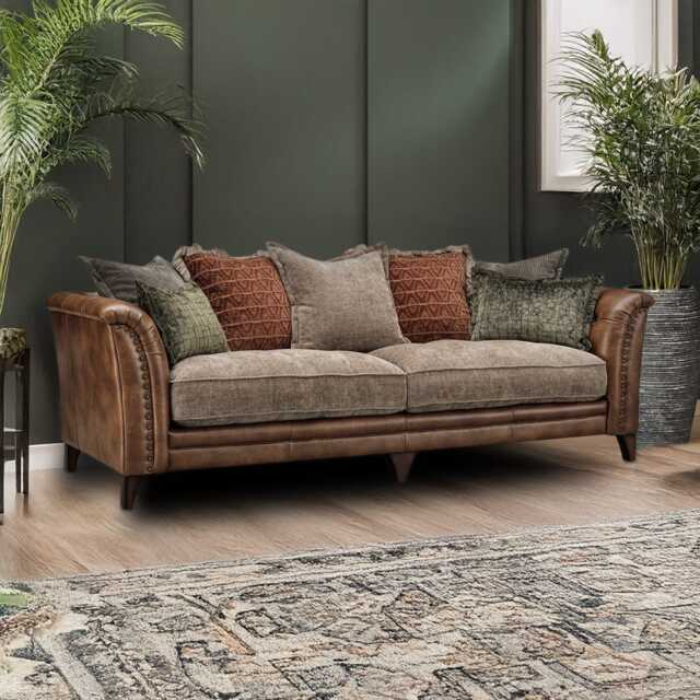 At The Helm Savannah 4 Seater Pillow Back Leather Sofa, Voyager Oak Cask - image 1