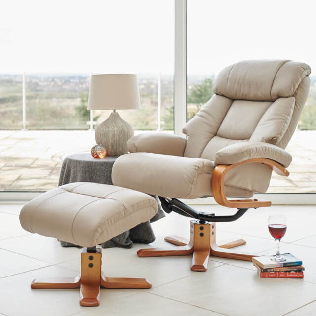 Casa Bruges Manual Recliner Faux Leather Swivel Chair & Footstool, Pebble - image 1