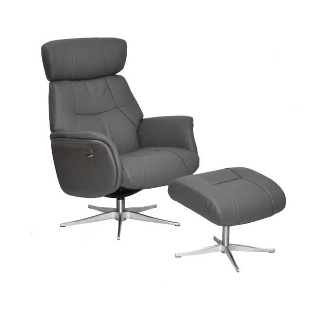 Casa Porto Leather Recliner Swivel Chair & Footstool, Charcoal
