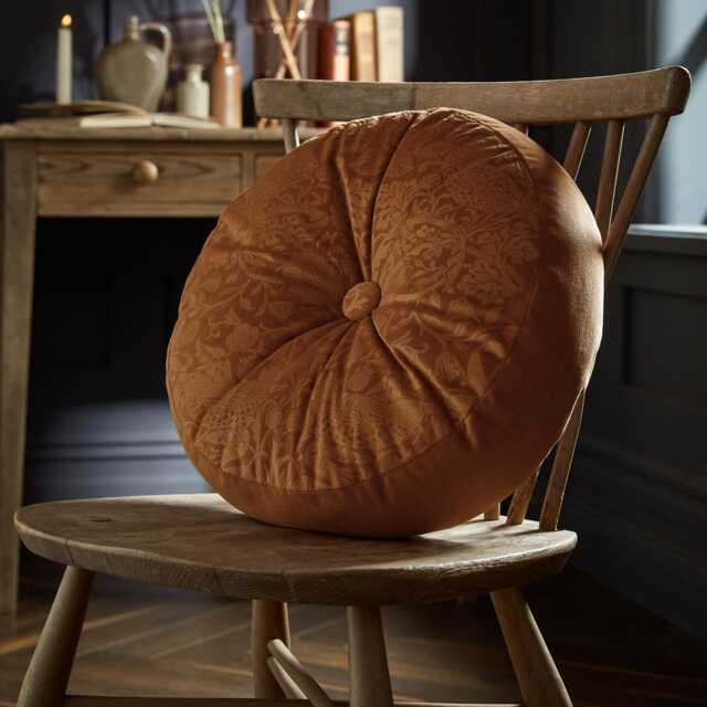 William Morris At Home Strawberry Thief Embossed Circular Cushion, 38cm, Saffron - image 1