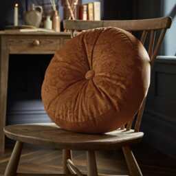 William Morris At Home Strawberry Thief Embossed Circular Cushion, 38cm, Saffron - thumbnail 1