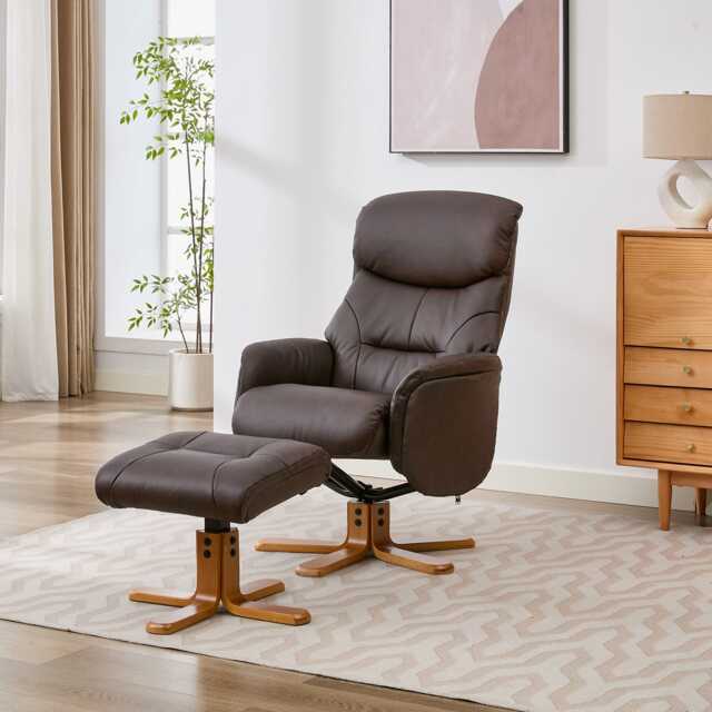 Casa Eddie Leather Recliner Swivel Chair & Stool, Russet