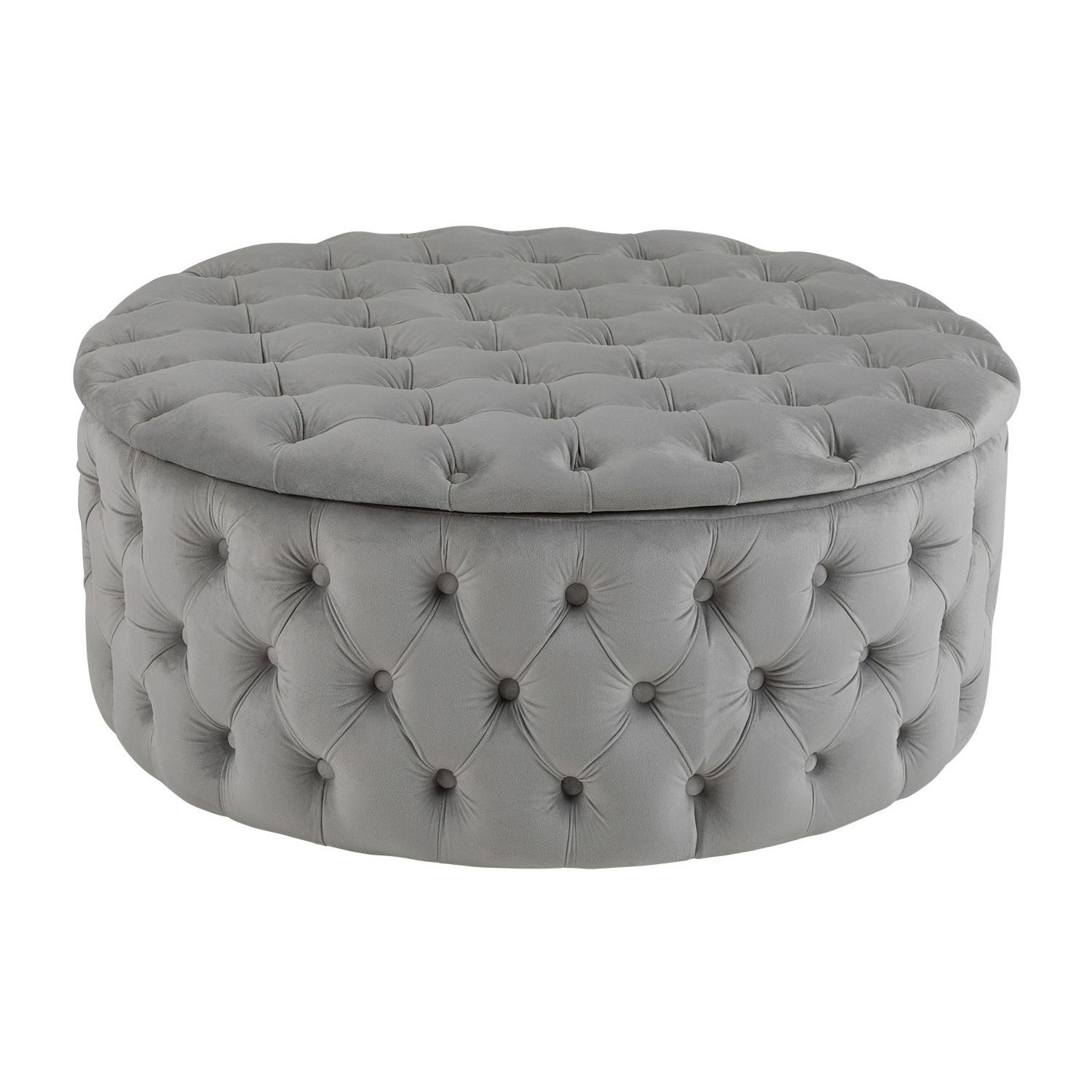 Large Round Storage Ottoman in Light Grey Velvet with Button Top - Mia - image 1