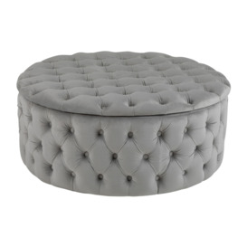 Large Round Storage Ottoman in Light Grey Velvet with Button Top - Mia - thumbnail 1