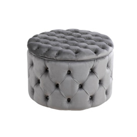 Medium Round Storage Ottoman in Grey Velvet with Button Top - Mia - thumbnail 1