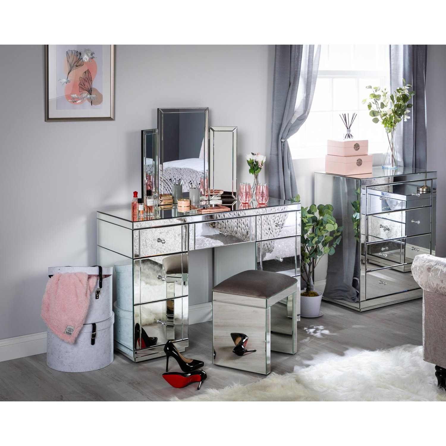 Silver Mirrored Dressing Table Set with Stool and Tri-fold Mirror - Monroe