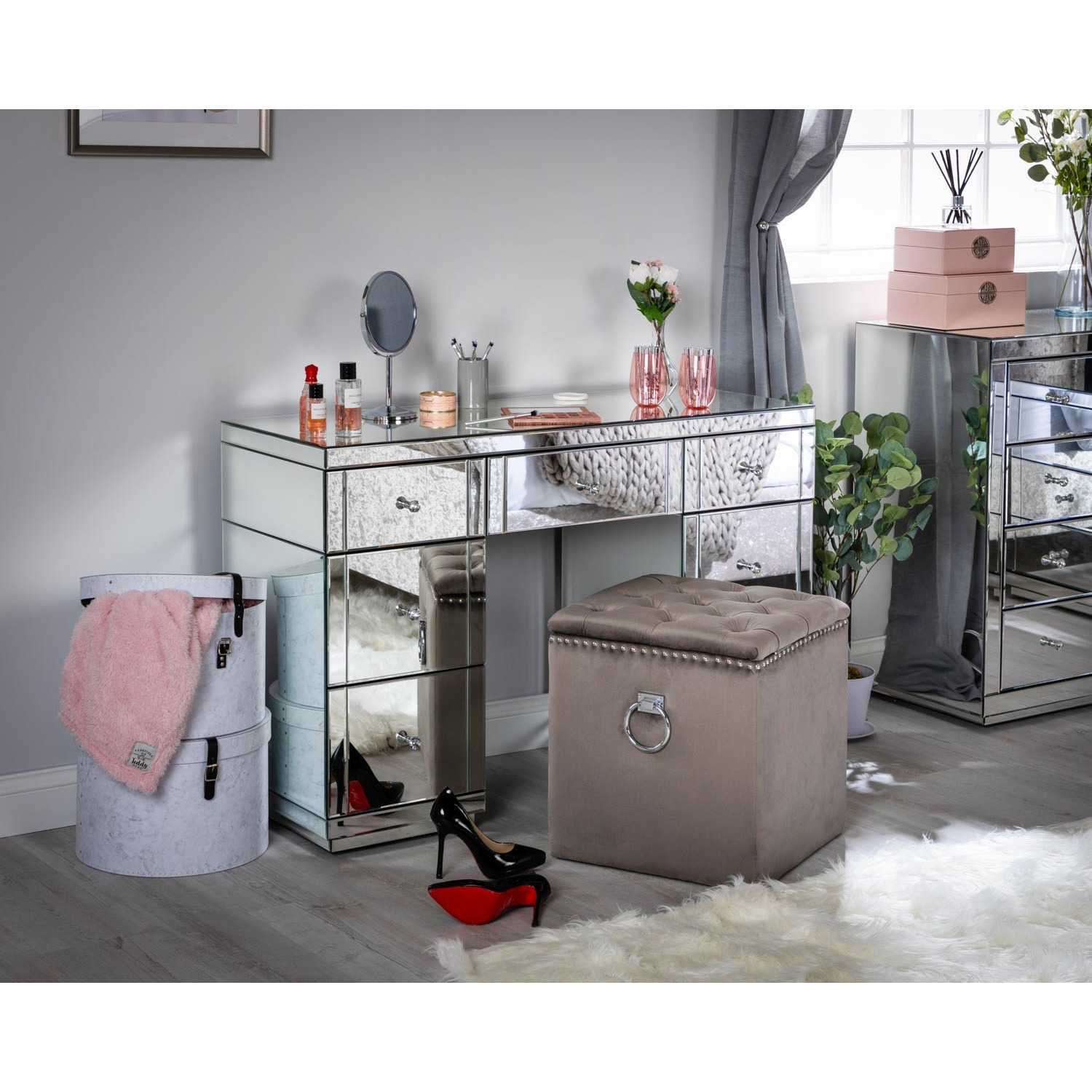 Silver Mirrored Dressing Table - Monroe - and Grey Lucca Ottoman