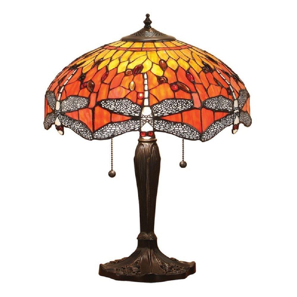Interiors 1900 64093 Dragonfly Flame Tiffany Medium 2 Light Table Lamp In Bronze With Shade
