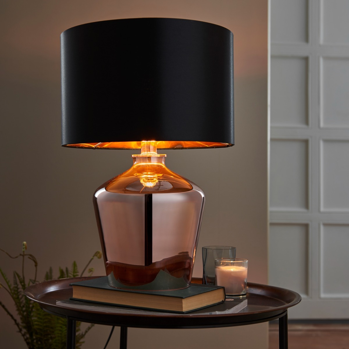 Endon 61149 Waldorf Copper Glass Table Lamp with Black Silk Shade