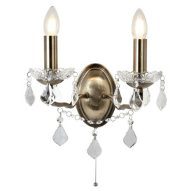 Searchlight 8732-2AB Paris Two Light Wall Light In Antique Brass With Crystal Glass