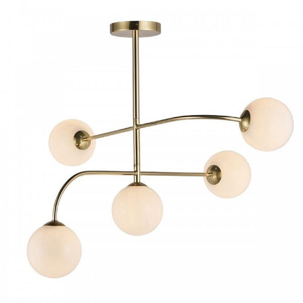 5 Light Semi Flush Ceiling Light In Brushed Brass Plate And Gloss White Glass
