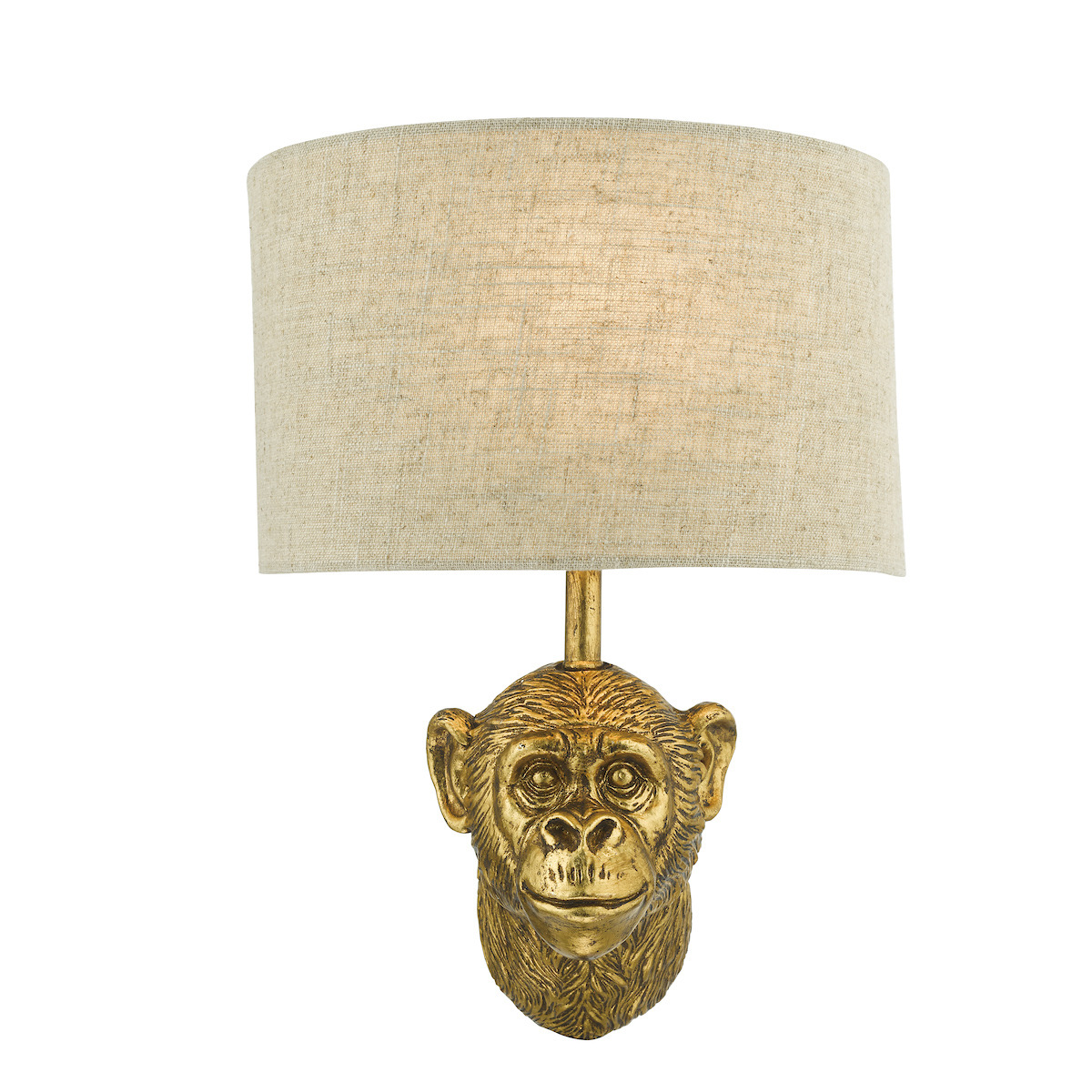 Dar Lighting RAU0735 Raul Monkey Wall Light In Gold Finish With Natural Linen Shade