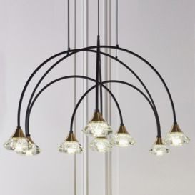 Arches 9 Light LED Ceiling Pendant Light In Black And Brass With Clear Crystal