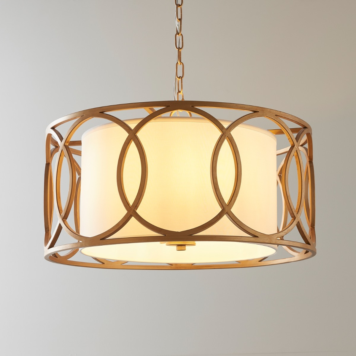 Classic Ceiling Pendant Light In Brushed Gold Finish With White Fabric Shade