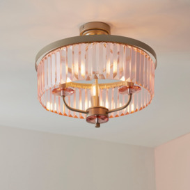 Modern 3 Light Semi Flush Ceiling Light In Champagne Finish With Rose Pink Cut Glass