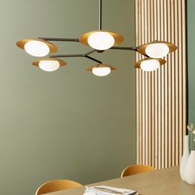 Modern 6 Light Ceiling Pendant Light In Gold And Dark Bronze With Opal Shades