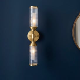 Pillar 2 Light Wall Light In Satin Brass With Clear Ribbed And Frosted Glass