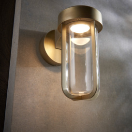 Contemporary LED Wall Light In Brushed Gold And Clear Glass IP44