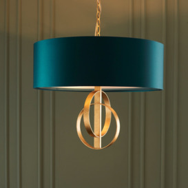 Sculptural 3 Light Ceiling Pendant Light In Antique Gold Leaf With Teal Satin Shade