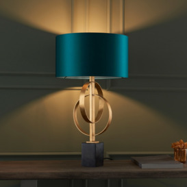 Sculptural Table Lamp In Antique Gold With Teal Satin Shade And Marble Base