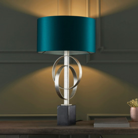 Sculptural Table Lamp In Antique Silver With Teal Satin Shade And Marble Base