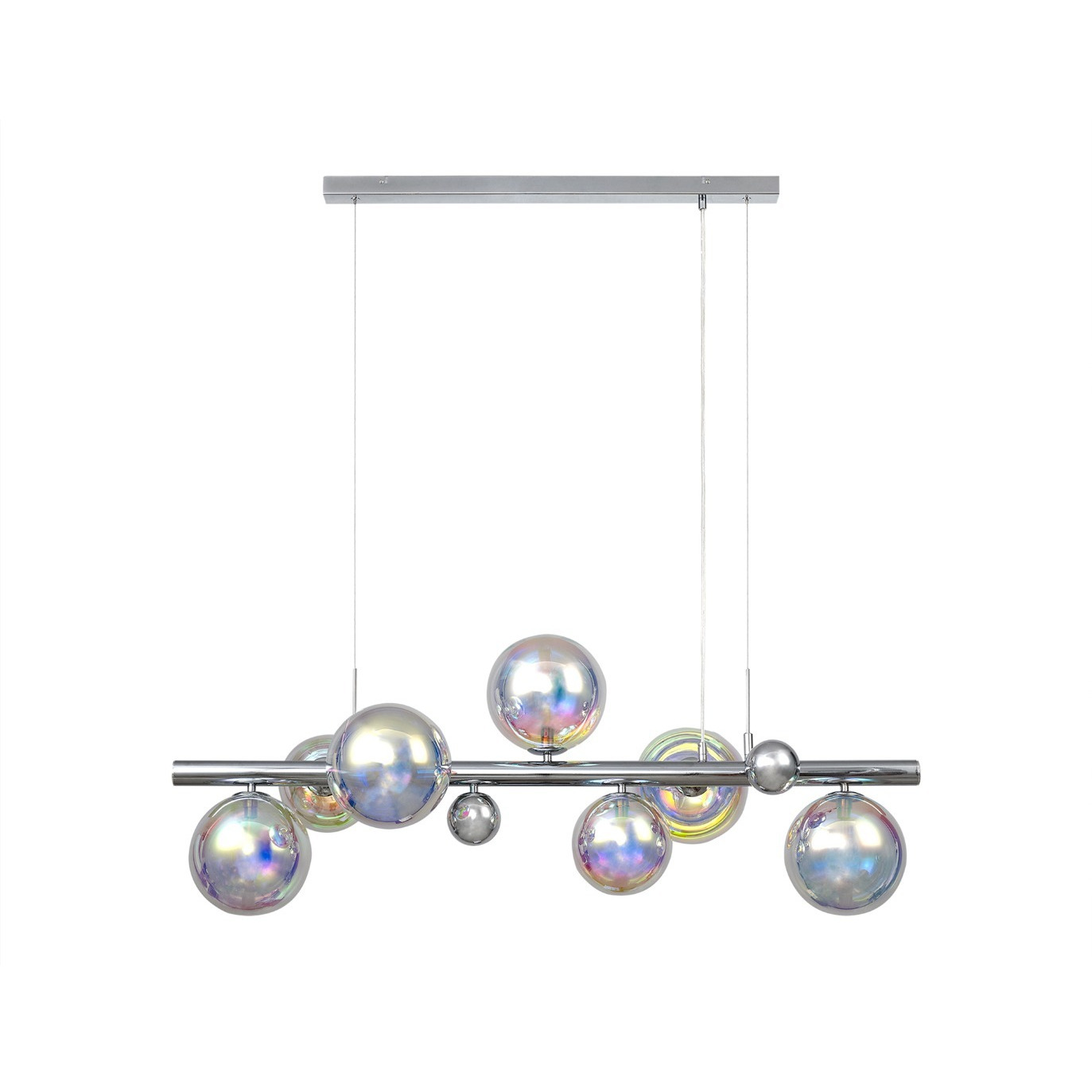 System 7 Light Ceiling Pendant In Chrome Finish With Iridescent Glass Shades