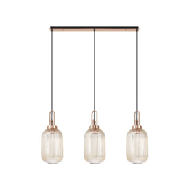 Glenn 3 Light Tubular Linear Pendant in Copper With Champagne Ribbed Glass