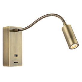Firstlight 2895AB Clifton LED Switched Reading Wall Light In Antique Brass Finish With USB Port
