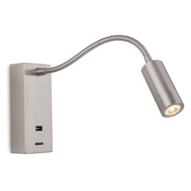 Firstlight 2895BS Clifton LED Switched Reading Wall Light In Brushed Steel Finish With USB Port