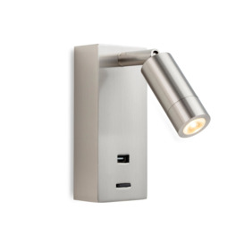 Firstlight 2896BS Clifton LED Switched Reading Wall Light In Brushed Steel Finish With USB Port