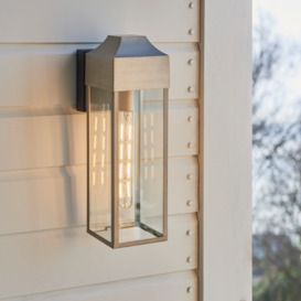 Contemporary Outdoor Wall Lantern In Brushed Silver Finish With Clear Glass Panels IP44