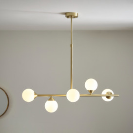 Linear 5 Light Ceiling Pendant Light In Satin Brass Finish With Gloss White Glass Shades