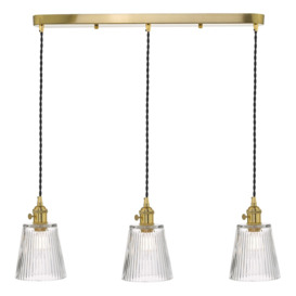 Dar Lighting Hadano 3 Light Bar Ceiling Pendant Light In Natural Brass With Ribbed Glass Shades