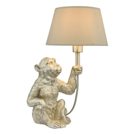 Dar Lighting Zira Monkey Sculpture Table Lamp In Silver Finish With Taupe Faux Silk Shade