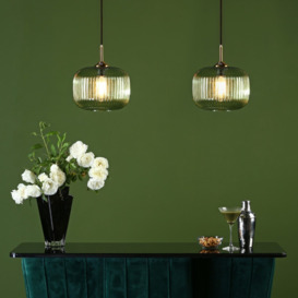 Dar Lighting Demarius Single Ceiling Pendant Light In Bronze Finish With Green Ribbed Glass