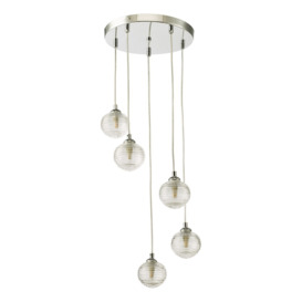 Dar Lighting Federico 5 Light Cluster Ceiling Pendant Light In Polished Chrome Finish With Clear Ribbed Glass