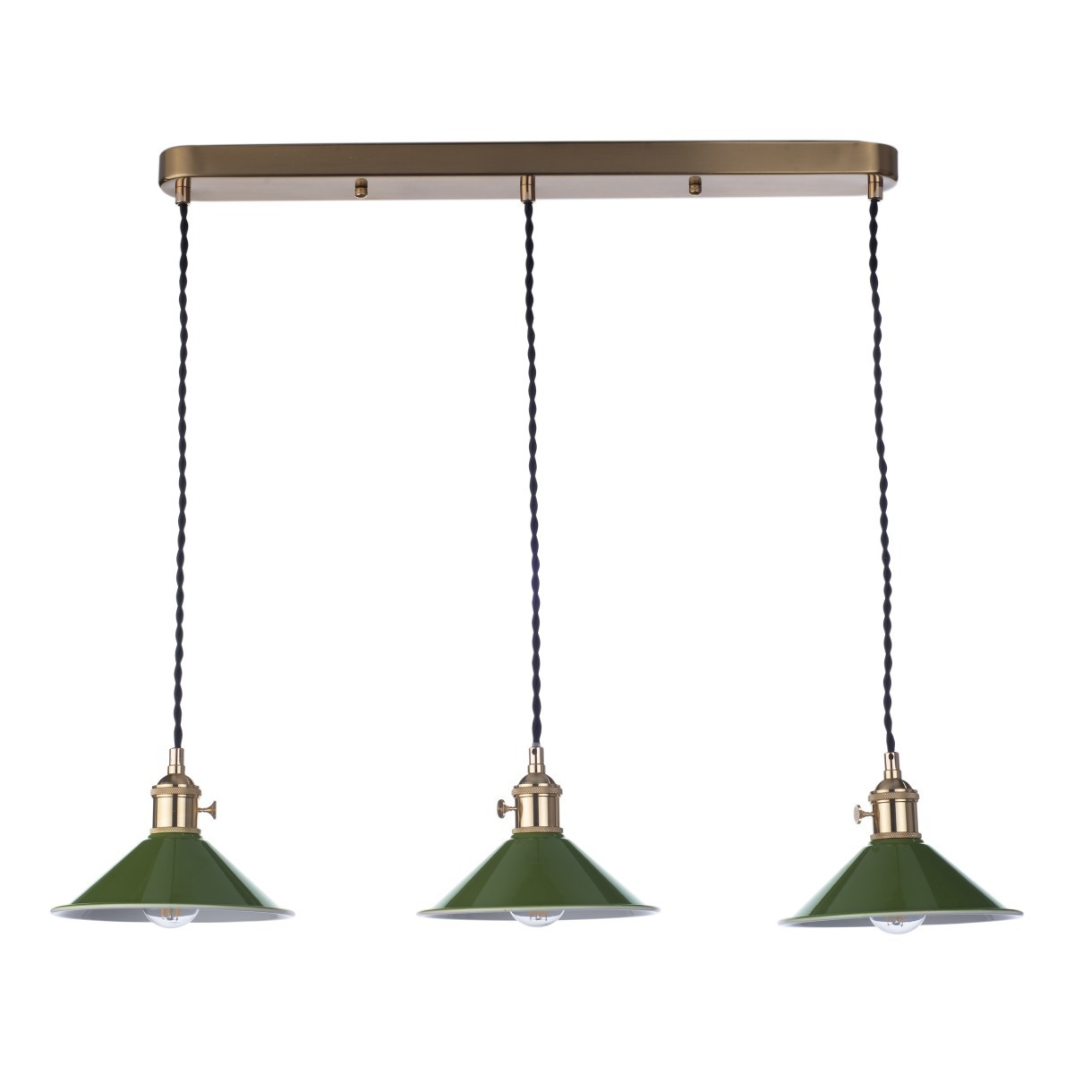 Dar Lighting Hadano 3 Light Bar Ceiling Pendant Light In Natural Brass With Olive Shades