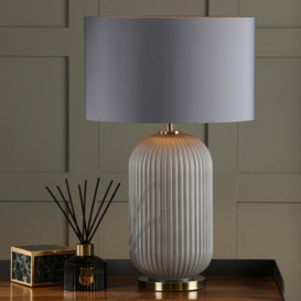 Dar Lighting Helicon Grey Ribbed Glass Table Lamp In Antique Brass With Shade