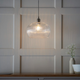 Mulberry Single Ceiling Pendant Light In Bright Nickel With Ribbed Glass 31 cm