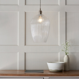Mulberry Single Ceiling Pendant Light In Bright Nickel With Ribbed Glass 25 cm